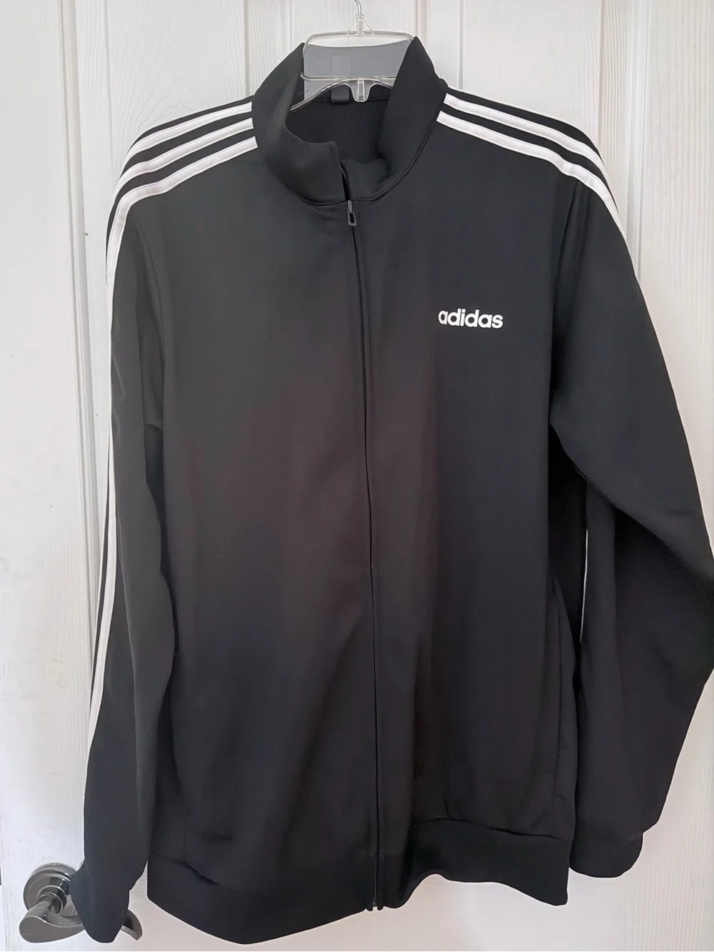 Adidas Men’s Black Track Jacket with Signature White Stripes - Size Large